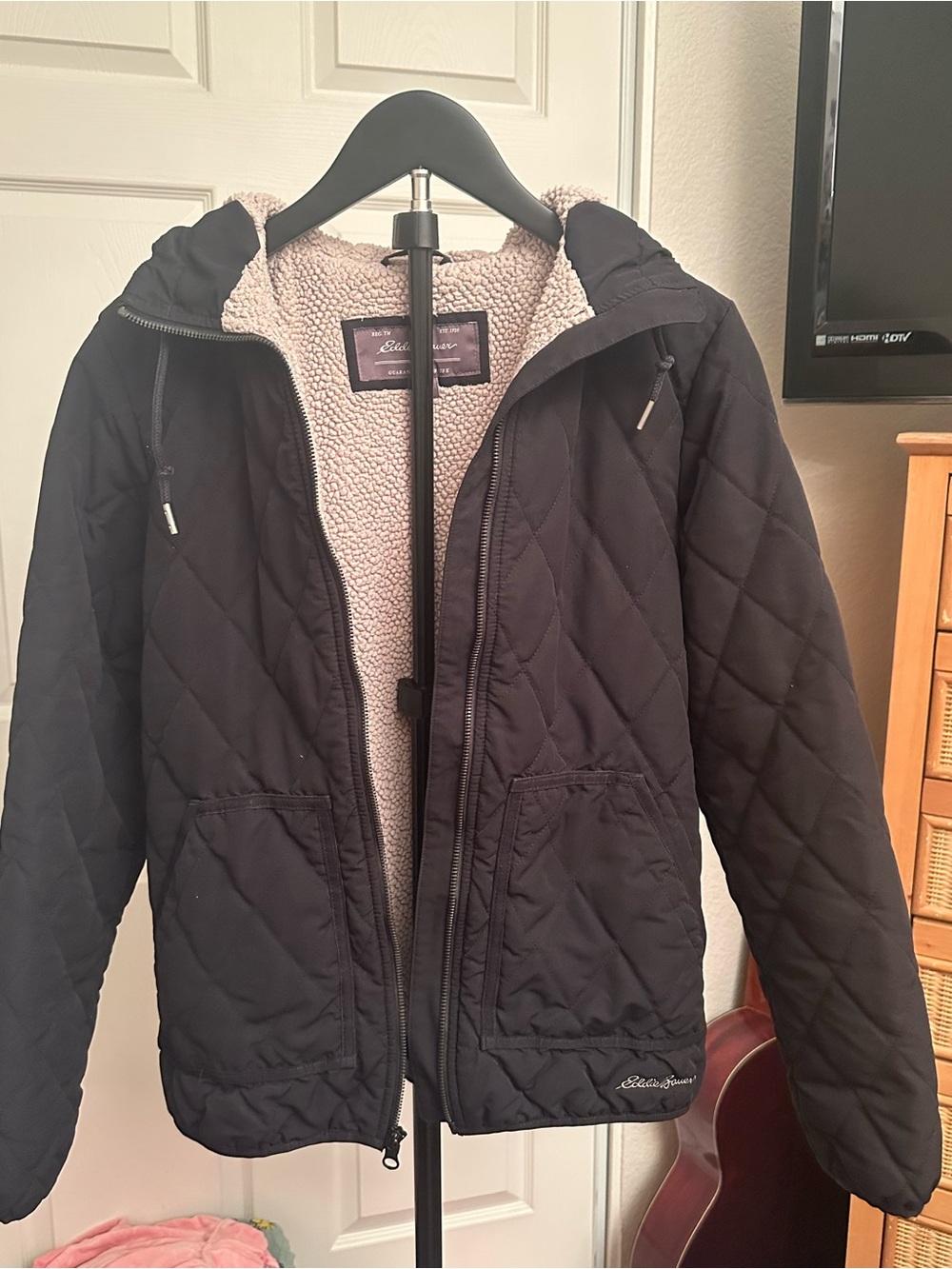 Eddie Bauer Black Quilted Sherpa-Lined Hooded Puffer Jacket Size XS